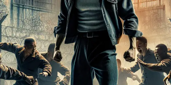 A heroic figure stands defiantly in a gritty prison yard, surrounded by opponents and dramatic shadows.