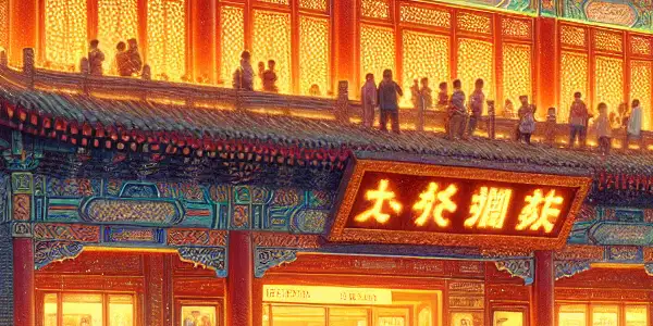 A bustling urban scene outside Guang'anmen Cinema in Beijing, featuring families and friends excited for "The Wandering Earth 2."