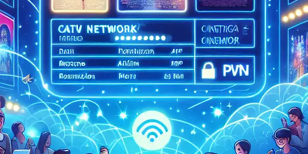 A lively digital cinema scene showcasing a diverse group enjoying a fictional movie streaming platform on various devices.