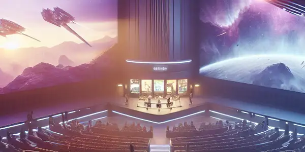 A futuristic movie theater scene showcasing diverse audiences captivated by sci-fi and suspense films on large screens.