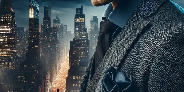 A young businessman on a city skyline edge, holding a mysterious envelope, amidst tension and looming shadows.